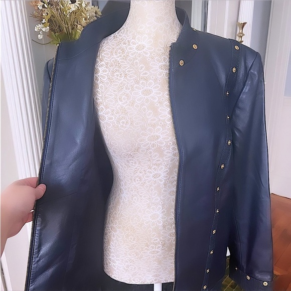 ST JOHN SPORT Navy Blue Lambs Leather & Denim Trim Zip Up Leather Jacket Size L - Picture 7 of 14